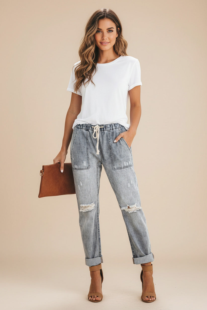 MALIA | RIPPED DRAWSTRING JEANS