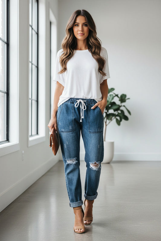 MALIA | RIPPED DRAWSTRING JEANS